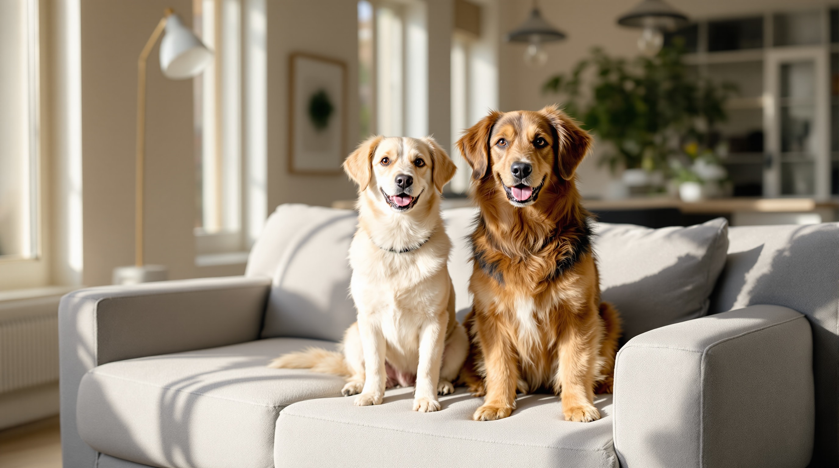 Two dogs relaxing on a sofa in a comfortable home