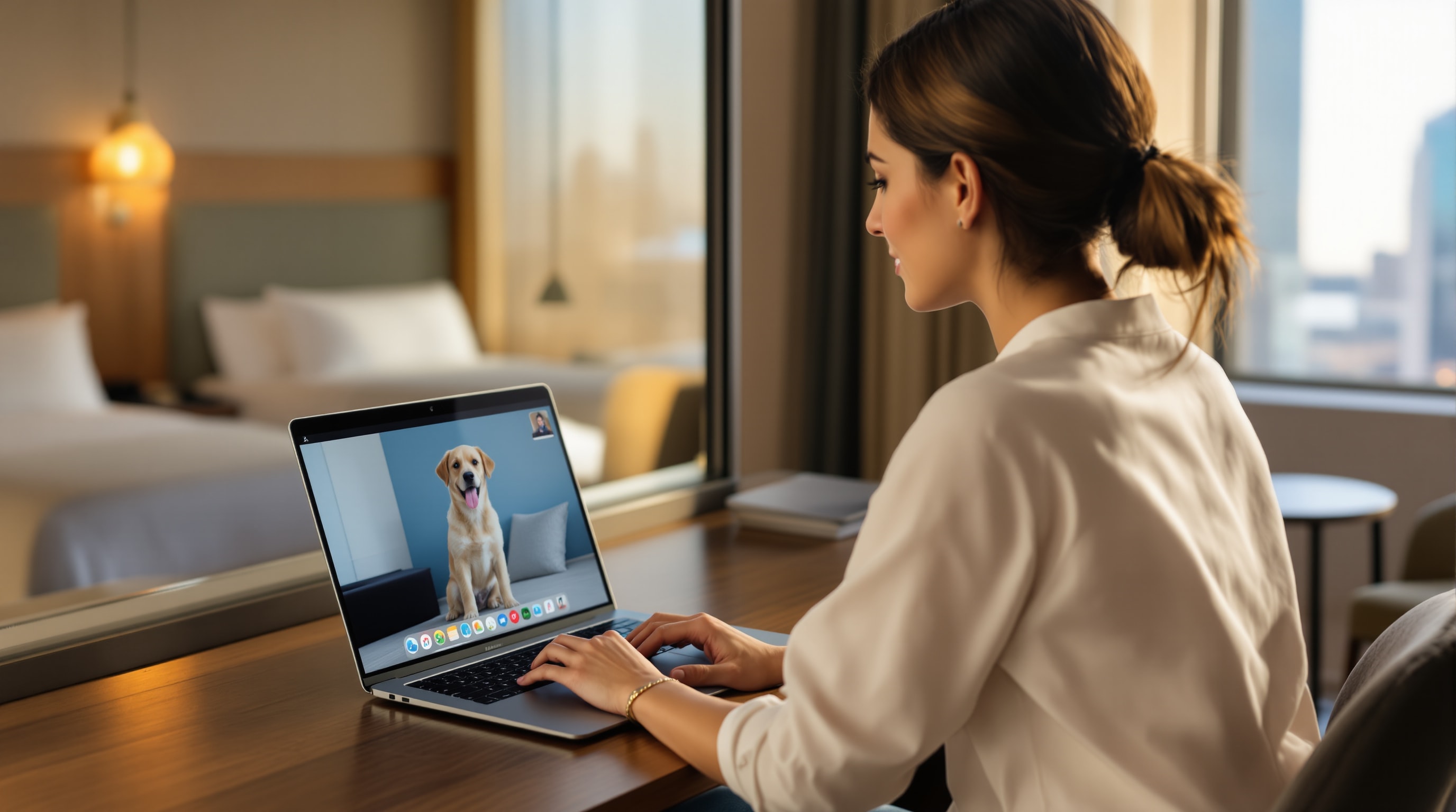 Dog owner checking in on her dog remotely via video call while traveling internationally