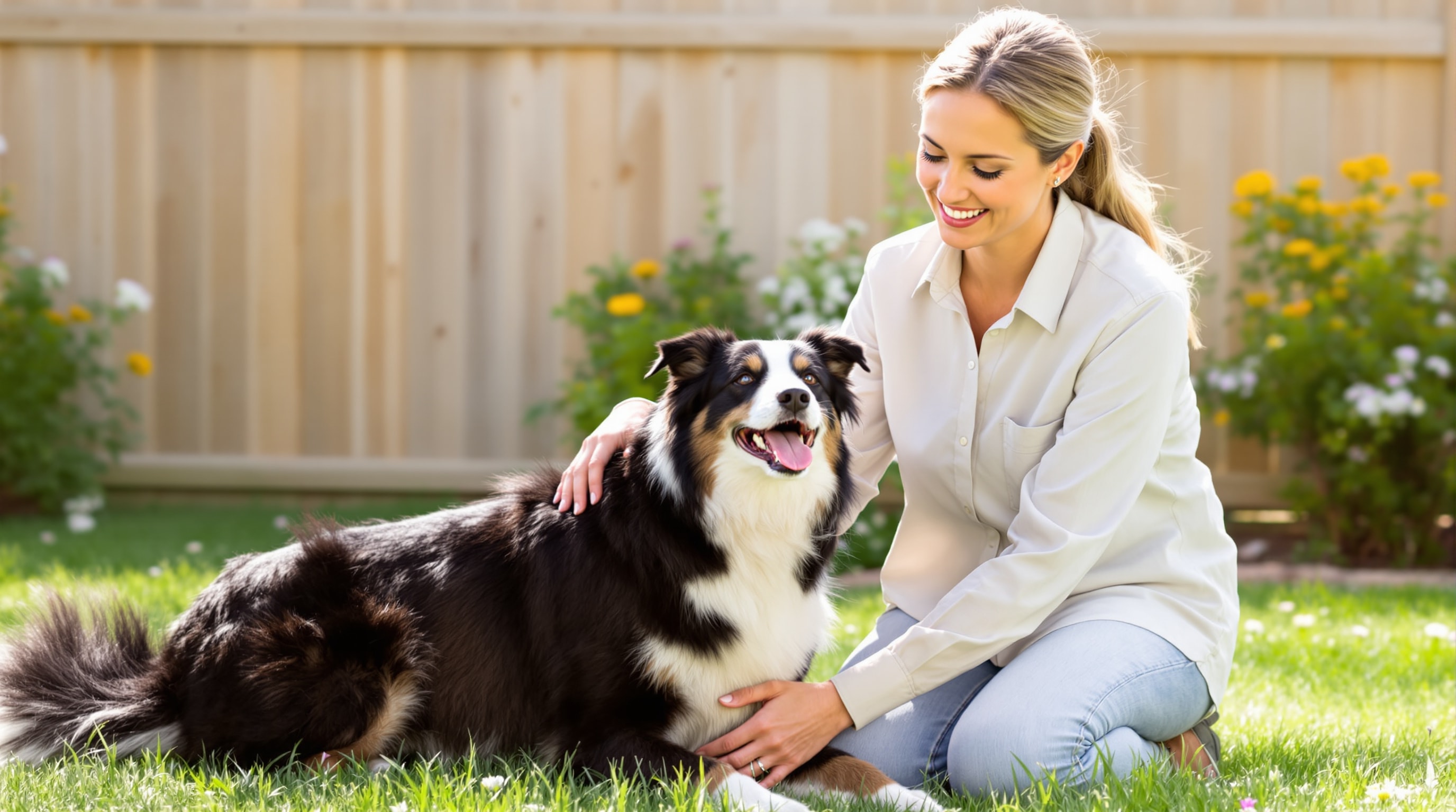 Professional dog sitter playing with a border collie in a backyard