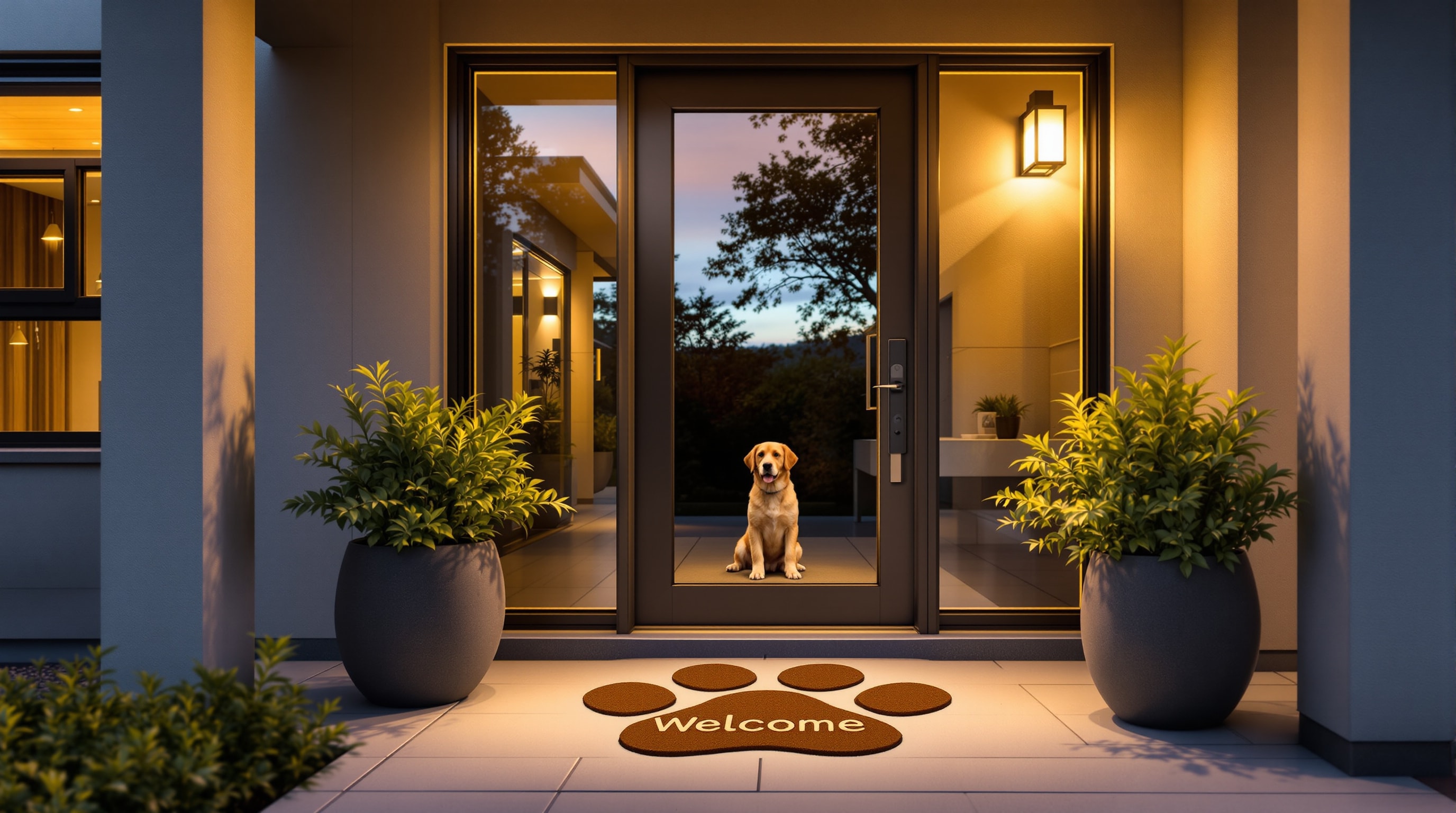 A welcoming home with a dog visible through the door window