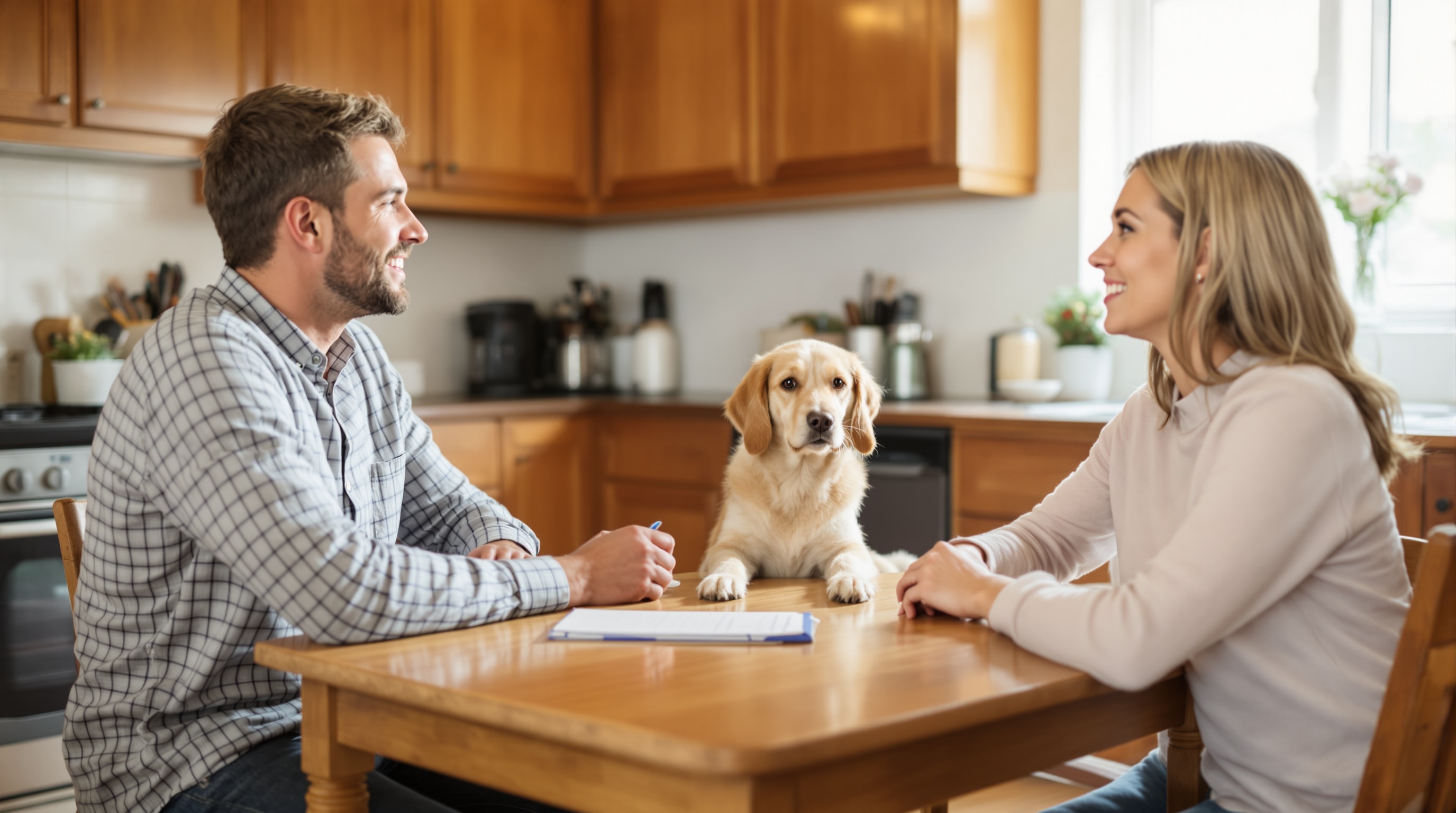 Dog owner interviewing a potential pet sitter at home with their dog present