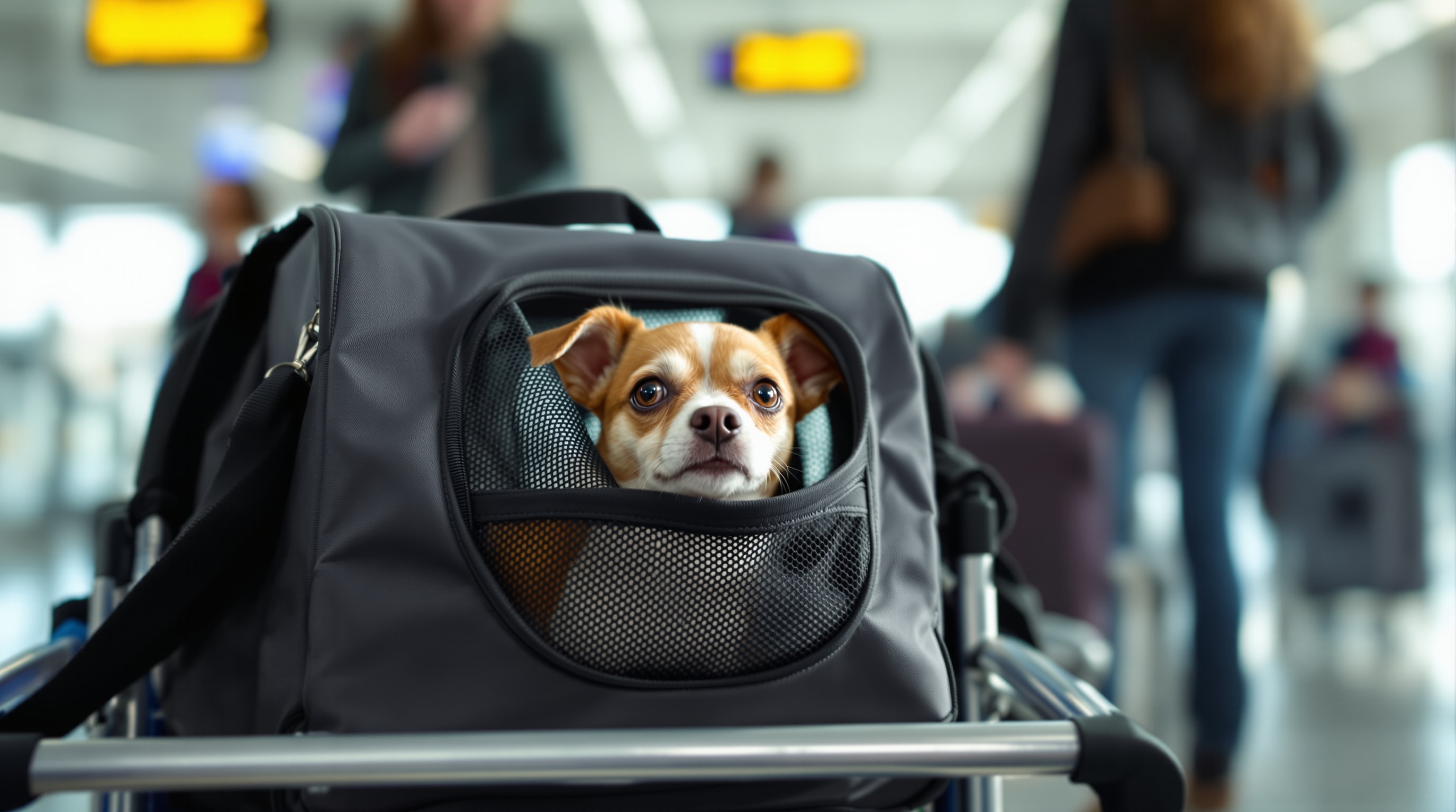 Small dog in an airline-approved pet carrier at an airport terminal