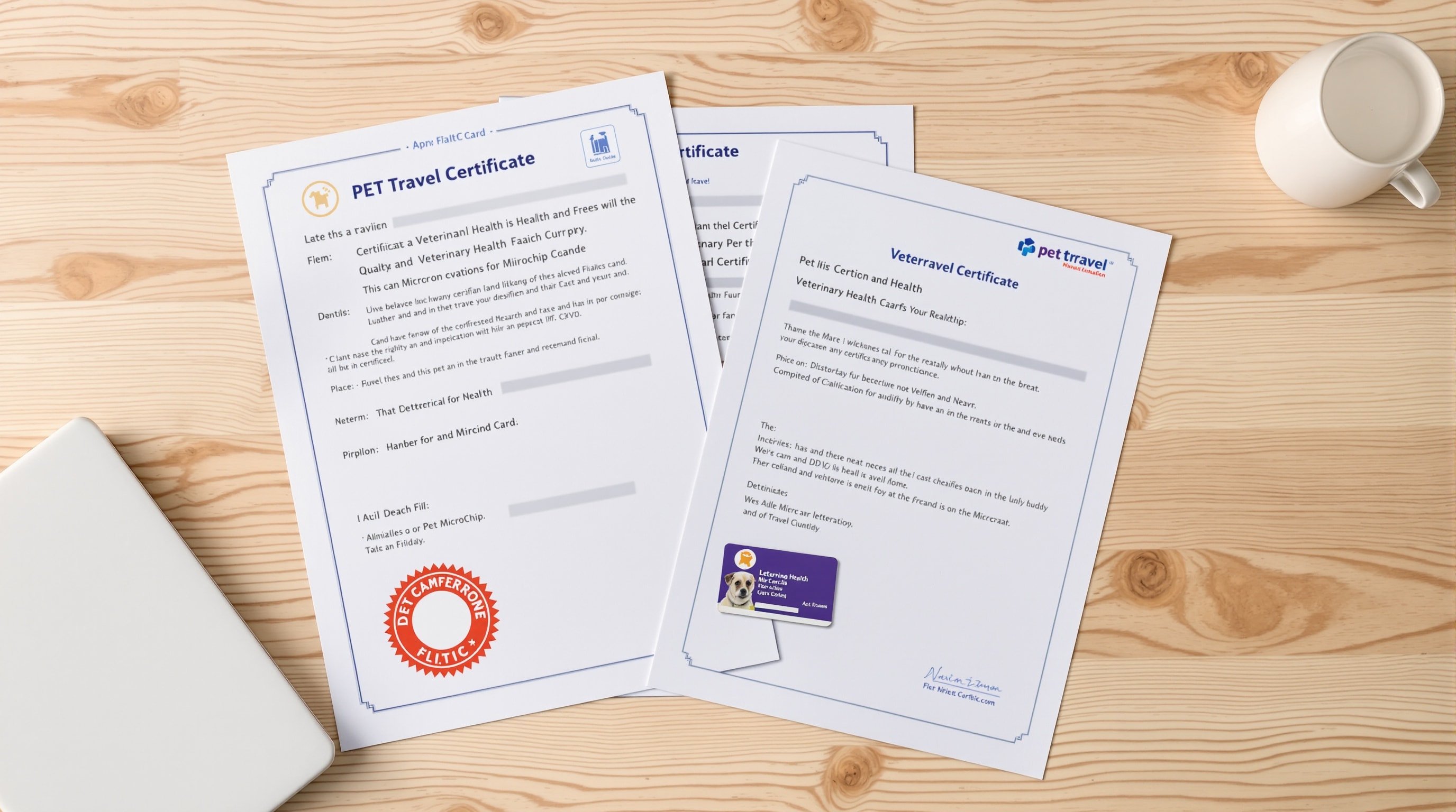 International pet travel documents including health certificate and microchip record