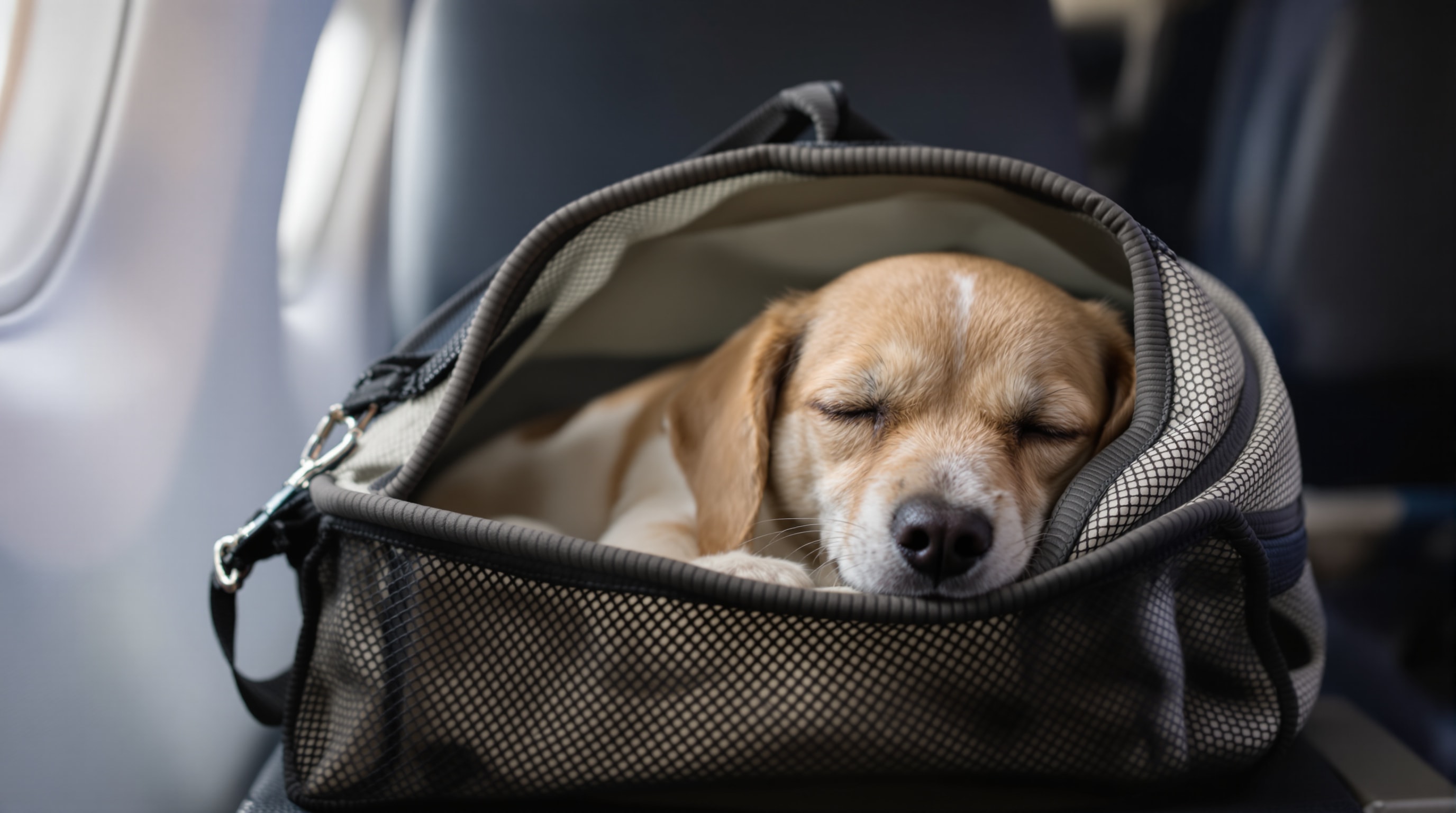 Small dog resting calmly in an airline-approved pet carrier on an airplane