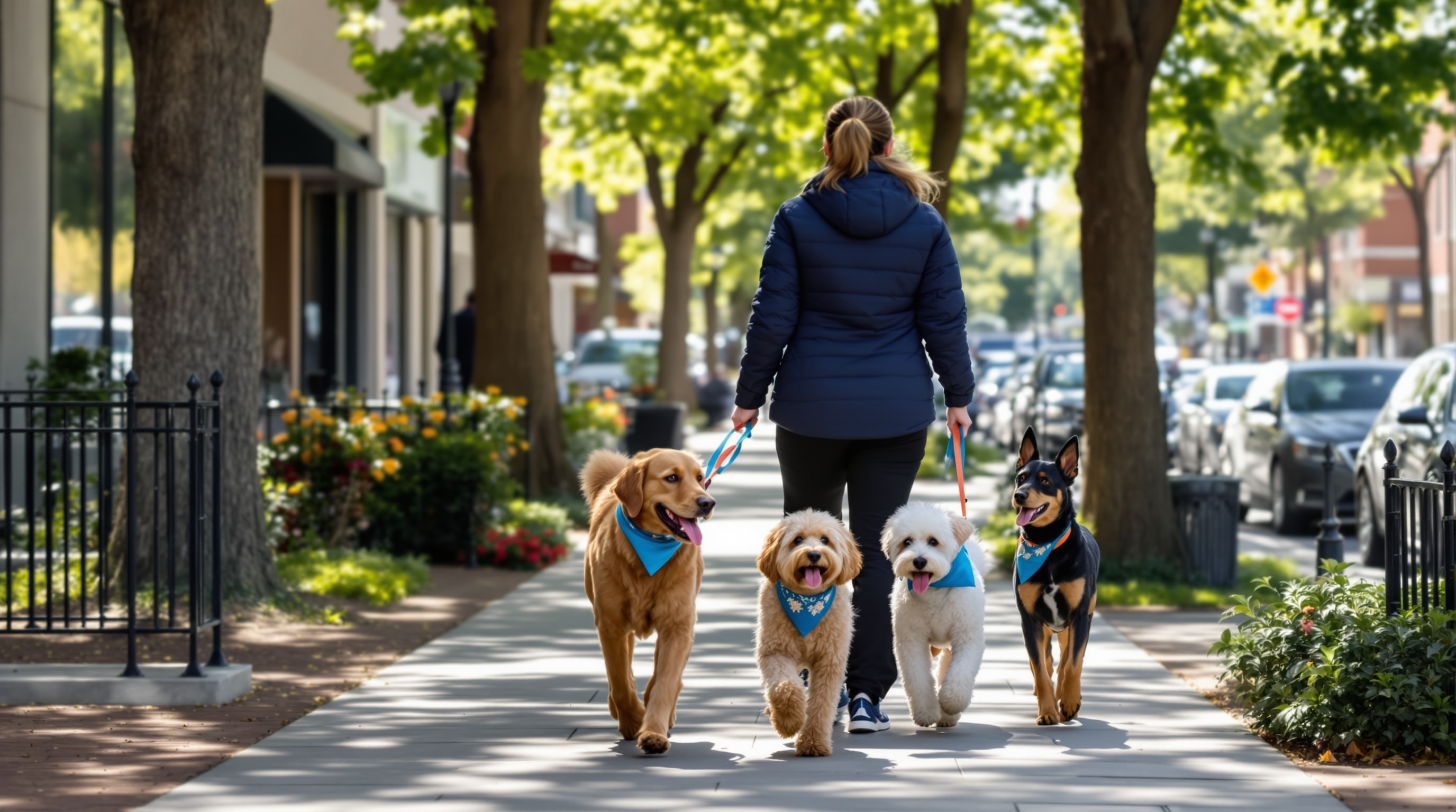 Professional dog sitter walking three dogs on a sunny morning