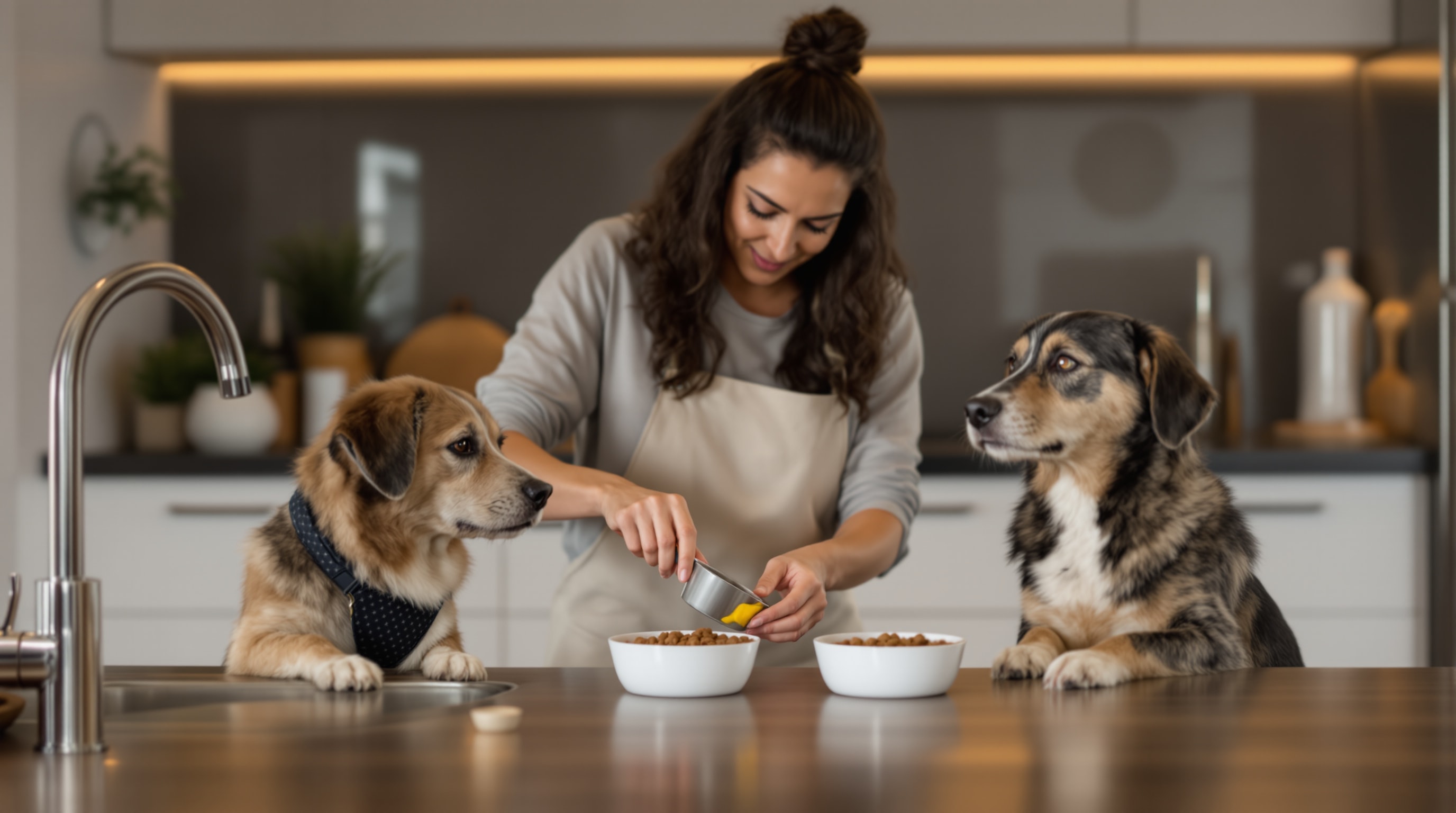 Pet sitter preparing meals for dogs in the owner's kitchen