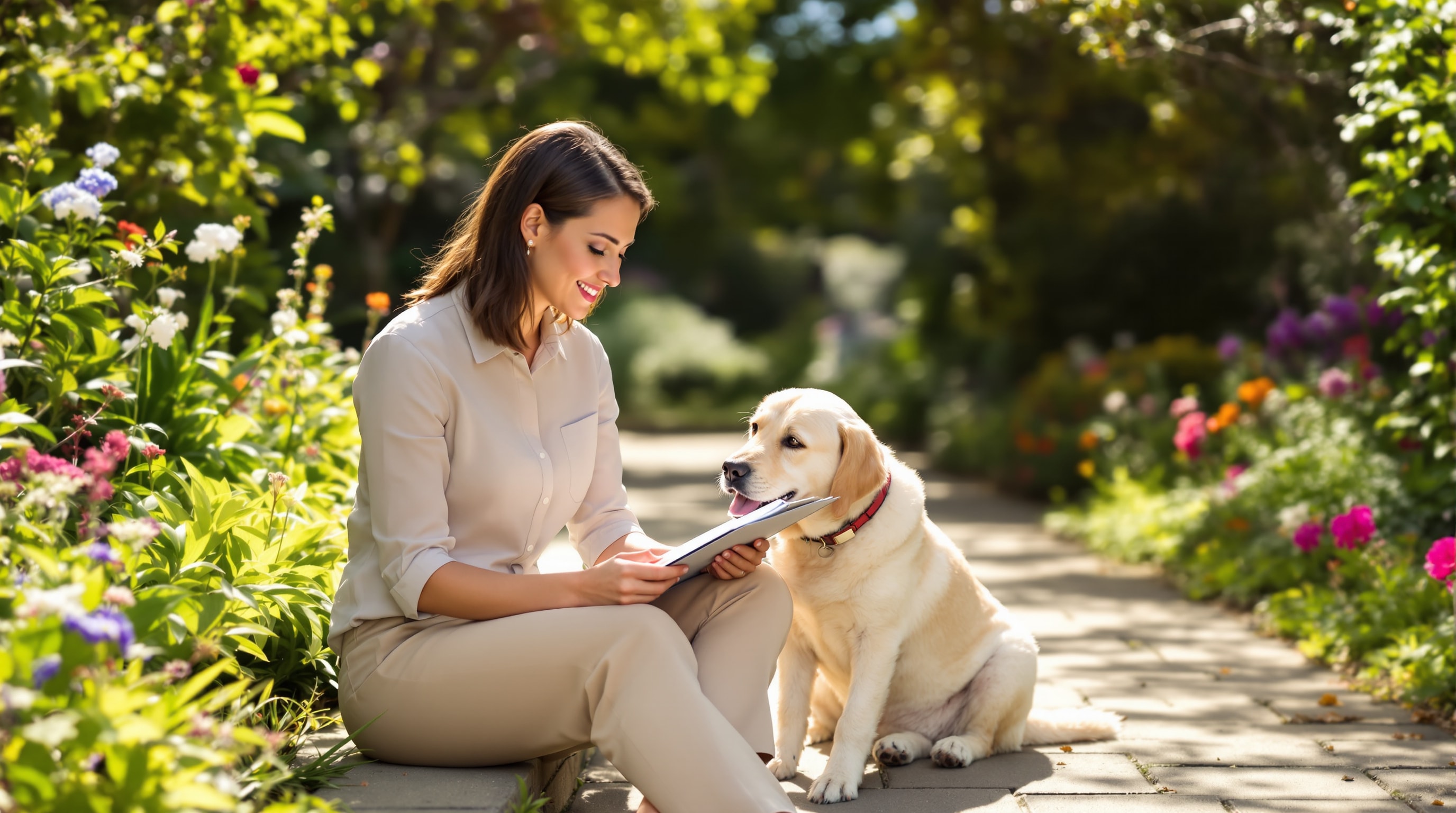 Professional dog sitter taking notes while a Labrador rests nearby